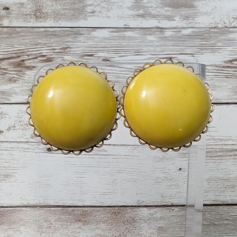 Vintage Clip On Earrings Large Yellow Domed with Halo